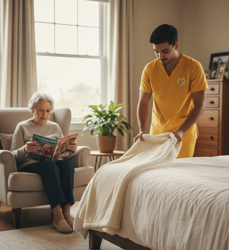 Home Care Professional neatly folding a blanket in the background while a client relaxes.